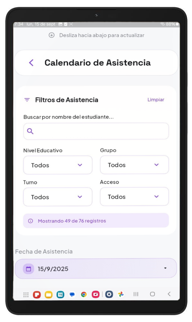 Calendario y filtrado de asistencia