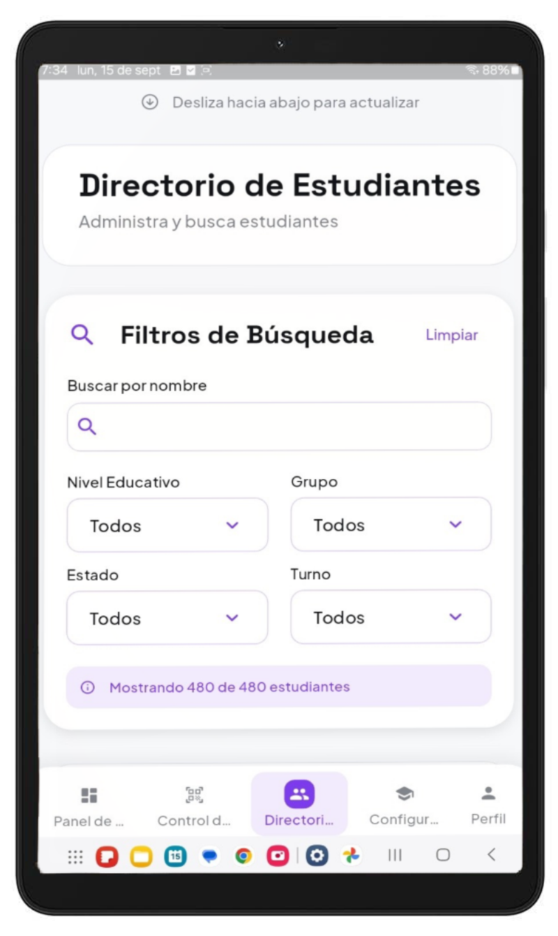 Directorio de estudiantes con filtros
